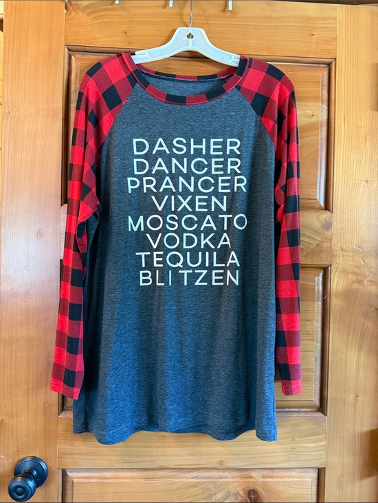 Tops - Graphic Raglan Tee with Red Buffalo Plaid Sleeves